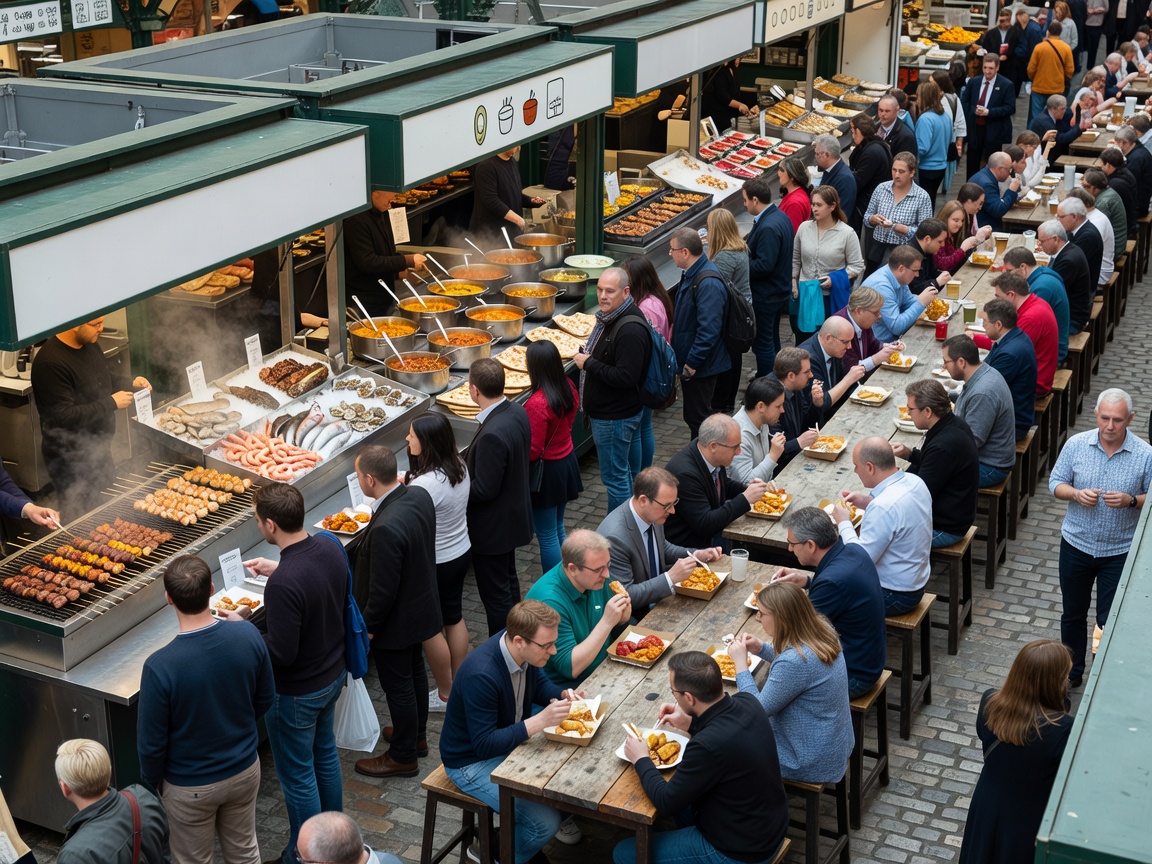 Busy London market lunch stalls with prepared food counters and communal seating