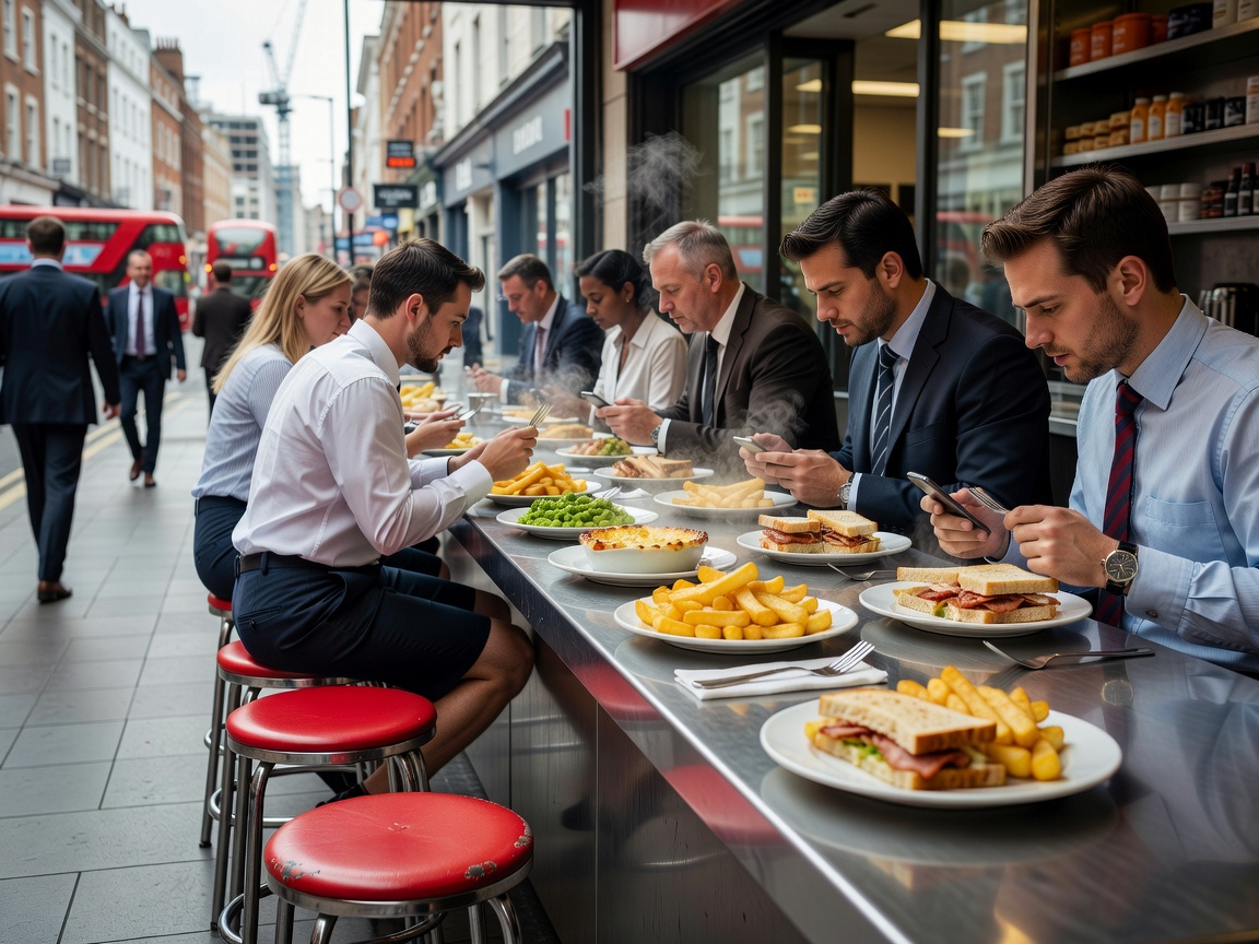 Modern London lunch counter serving quick plates to office workers