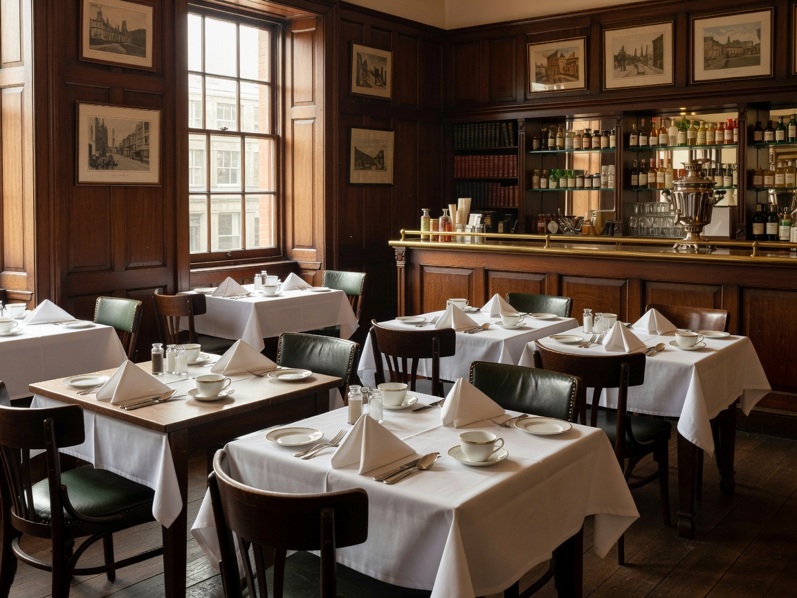 Classic London dining room set for lunch with wood panelling and white tablecloths