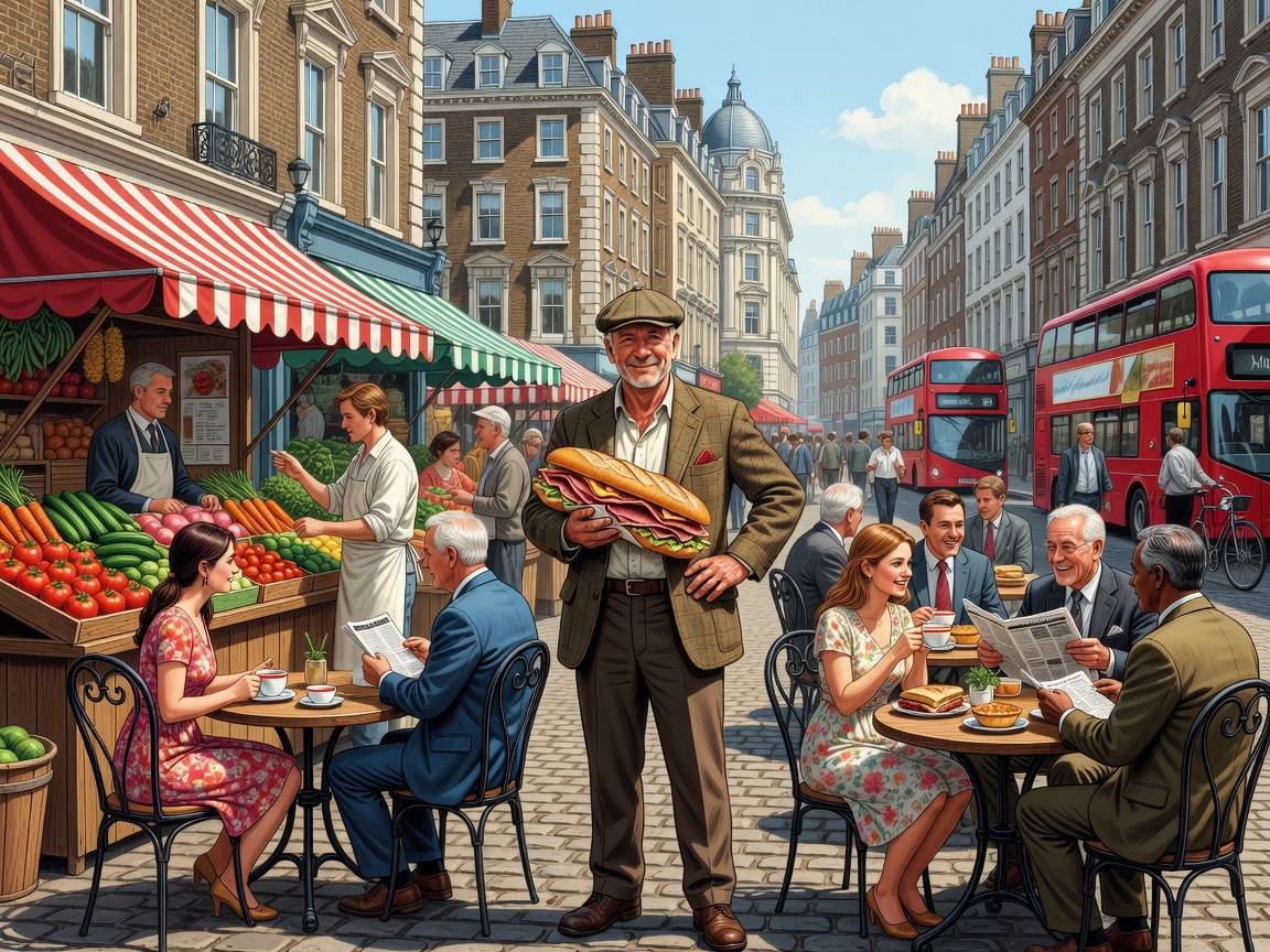 Illustrated view of London lunch tables, market counters and city streets at midday