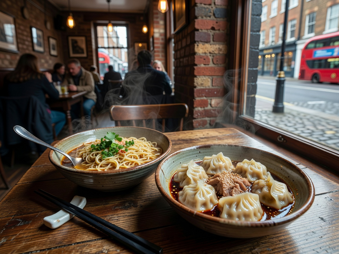 Bowls of noodles and dumplings served in a London lunch setting