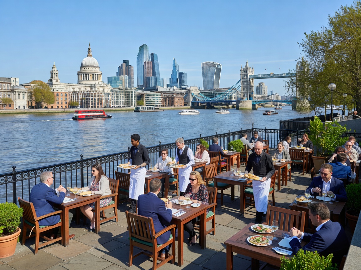 Riverside London lunch terrace with views across the Thames